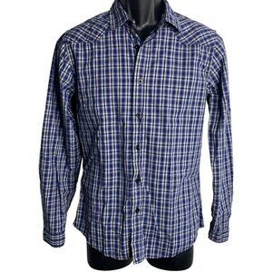 Western Sawtooth Button Up Shirt S Blue Plaid Roll Tab Sleeves Point Collar